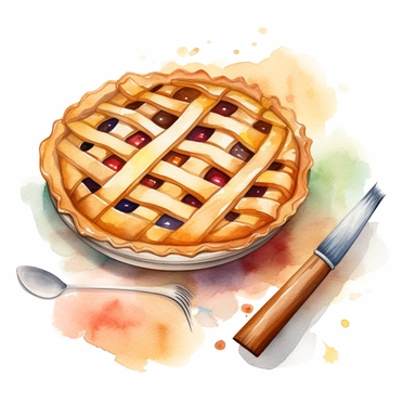 create a beautiful high quality high detail highly saturated watercolor clipart disney style illustration of a lattice style apple pie being prepared, include rilling pin and baking tools, no text, no font, white background