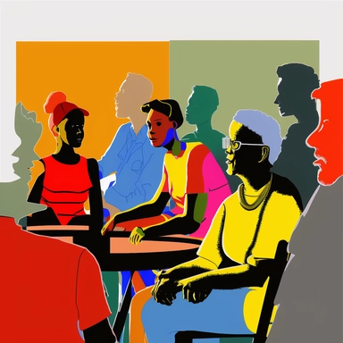 community neighbors at a symosium learning about each other in atlanta. each person is a different bright primary color in a clipart style.