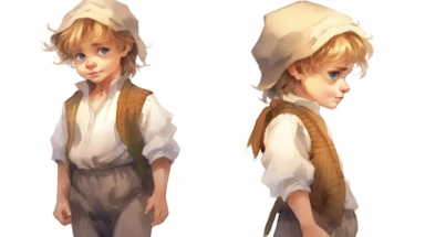 frontal close up on white background , cute little boy  Hansel EDIM ( hansel character from the hansel and gratel fairy tale) in poor clothing, Watercolor , illustrations clipart,