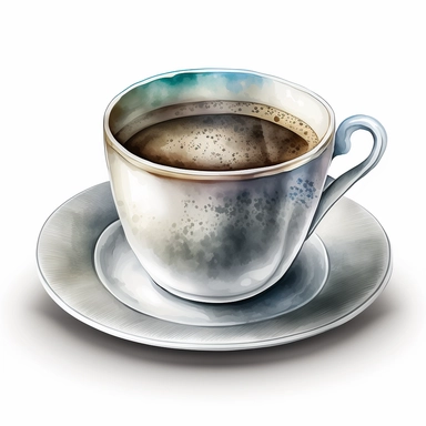 watercolour white china coffee cup on white china coffee plate with americano coffee beautiful cup of americano coffee beautifully detailed perfect cup of coffee,png image,high resolution,300dpi,graphic clipart,computer graphics