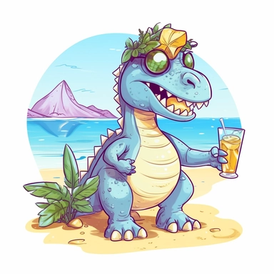 a foolish and cute dinosaur having fun at the beach holding glass of lemoned , clipart style, white bg