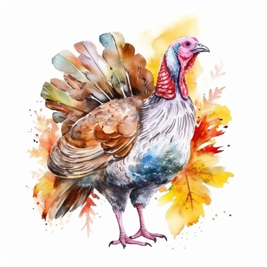 watercolor autumn thanksgiving turkey, cartoon style, clipart style, white background