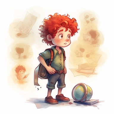 llustration in frontal view of a Little boy exploring, Pixarstyle, red hair, character sheet, illustration for book, children's book, multiple positions,five years old, curly hair, dark brown hair,Watercolor Clipart, strybk, full Illustration, 4k, sharp focus, watercolor, smooth soft skin, symmetrical, soft lighting, detailed face, concept art, watercolor style, strybk, children's style fairy tales, chibi kawaii, . Octane rendering, 3d. Perfect face, detailed face, delicate face, perfect sharp l