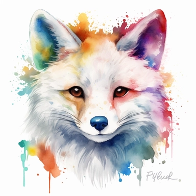 please create watercolor clipart of a arctic fox wearing face paint like a clown, smiling, cute ,colorful