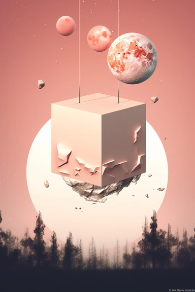 clipart of a cube-shaped moon floating mid air, peach and pink colors, off-white colored background, dreamlike lighting, digital illustration, illustration, surrealism,