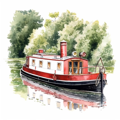 watercolour, pretty canal boat, detailed, summer time, clipart, white background