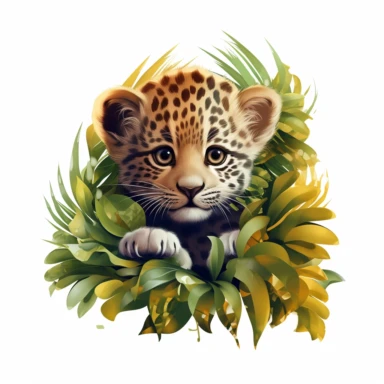 cute leopard cub, playing hide-and-seek behind a bush, bold colors, clipart, on a white background