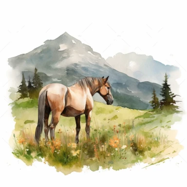 watercolor horse clipart, high detail, grazing in moutain meadow, white background.