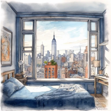 watercolor, hyper realistic, white background, white margins, 16k, ultra detailed clipart, cut out image, hand-drawn illustration style for picture books a bedroom with a window and a view of the New York skyline in warm shades of blue and grey