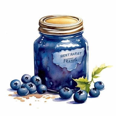 Create an image of glass jar with blueberry preserves, dripping . The style should be cute and playful, reminiscent of a clipart or sticker design. Use watercolors and ink to emulate the style of Thomas Girtin, but with a touch of Thomas W Schaller's influence. The background should be a clean, crisp white to contrast with the vibrant colors of the preserve The image should be photorealistic, highly detailed, and in high-resolution 16k. The composition should be balanced, with the jar taking cen