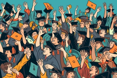 [04522] Graduating students or pupil hands in gown throwing graduation caps in the air, flying academic hats, throw mortar boards in the sky flat cartoon vector illustration clipart , ultra hd, maximalist detail, unsplash, intricate details, Ultra-Quality, ultra sharp,