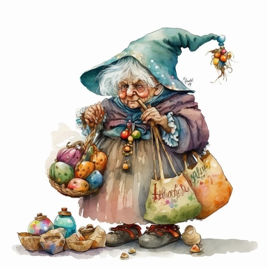 la befana the Italian christmas witch, bag of toys, sweets, folklore, watercolor, white background, clipart