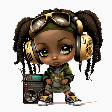 Black hip hop chibi schoolgirl png clipart, camo color black hip hop school girl, African American schoolgirl, radio, 3d, white background