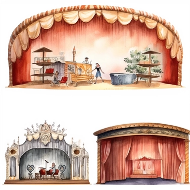 watercolor 1910s 1920s 1930s 1940s theatre stage, illustrations clipart set, simple, , cartoon elements ,different variants ,shows,separate elements with a margin