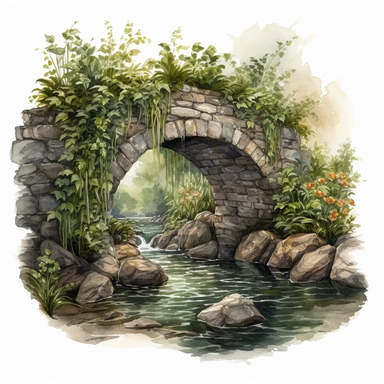 watercolor, hyper realistic, white background with margins, 8k, ultra detailed clipart, A delicate, vine-covered bridge arching gracefully over a babbling brook, dark green