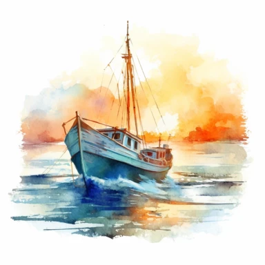 clipart de acuarela de barcas en el mar en atardecer sobre fondo trasero blanco, super detallado,moche art, 16k, full color, fotorealista, obra maestra, manchas de acuarela