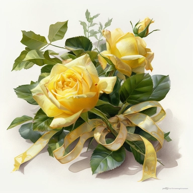 a simple gorgeous yellow rose flowers corsage with ribbon and greenery on white background clipart, watercolor painting realistic, high quality, vibrant, Vicente Romero Redondo, Willem van Aelst, Elsa Beskow