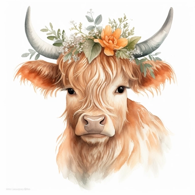 watercolor pencil Floral Baby Highland Cow Clipart, a single cute Floral Baby Highland Cow,floral on head, bright, white background, dreamy, Studio Ghibli,no shadows, true colors,Free-cut on an all-white background, no shadows, no typography