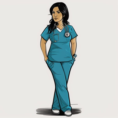 Hispanic Nurse girl , black hair, Clip art, hand drawn, cartoon, concept art, full body, back shoes, blue scrubs, V neck scrubs ar 2:3, white background, stethoscope around neck