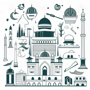 islamic multiple symbols and things like mosque, book, dome, and many, clean cut, for clipart, simple