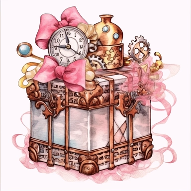 Steampunk Birthday Gift Box Clipart, pink gliter and white color, Steampunk, watercolor, sweet, happy, high resolution, transparent white background no captions