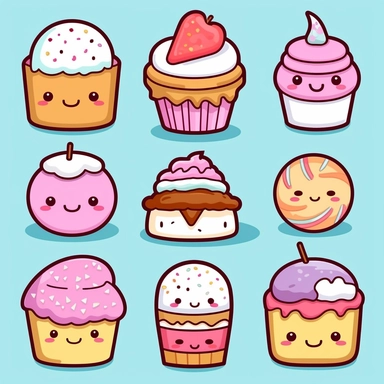 Dive into the world of Kawaii with a clipart collection featuring lovable food items. Design charming characters like smiling sushi rolls, giggling ice cream cones, and cheerful donuts. Let their expressions be infectious, radiating happiness and warmth. Add blushy cheeks, sparkles, and a touch of whimsy to make your Kawaii clipart set irresistibly cute and perfect for adding a playful touch to any project. Kawaii. White background, soft lighting.