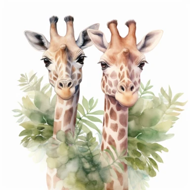 pair of cute giraffes, elegantly grazing on treetop leaves, their long necks reaching new heights, soft pastel colors, clipart, on a white background