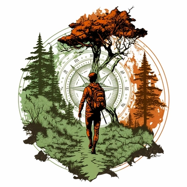 rustic compass rose man hiking mountais and trees clipart style asaf hanuka style orange and green color coded detailed