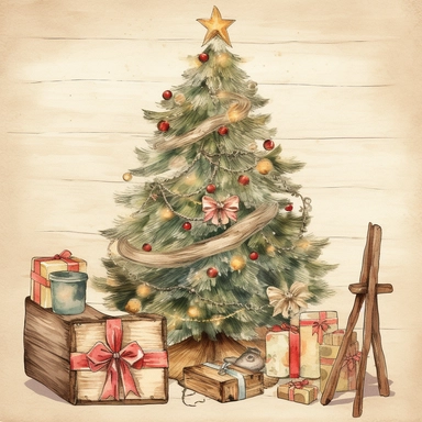 A rustic watercolor clipart of a Christmas tree, featuring a hand-drawn illustration of a vintage tree with wooden ornaments and burlap ribbons, adding a cozy and nostalgic touch to the holiday season, Artwork, colored pencils,