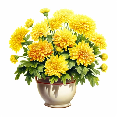 yellow Chrysanthemum, vibrant yellow, in a colorful pot, clipart, high quality, white background