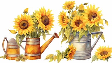 Sunflower arrangement clipart. Watercolor Farmhouse style illustration. Rusty iron watering can, pitcher, jug, bucket, wheel. Vintage french country design
