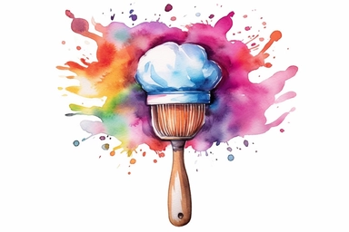 Watercolor, Design a cartoon character with a chef's hat and a whisk, symbolizing a female pastry chef clipart, hd, on a white background, spaced out