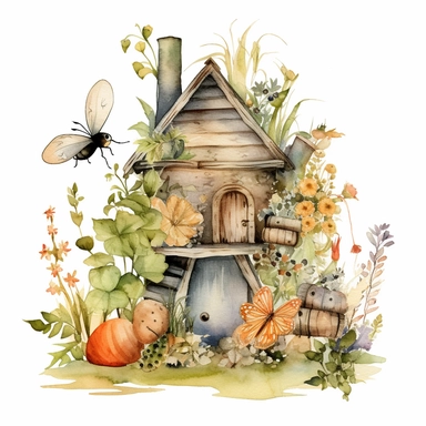 Watercolor boho backyard insect hotel, illustrations clipart set, simple, soft colors, cartoon elements, different variants, insects, ladybug, ants, grasshopper separate elements with a margin