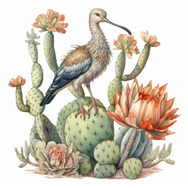 cactus and ibis,by Maria Sibylla Merian ,4k, isolated white background, watercolor, clipart