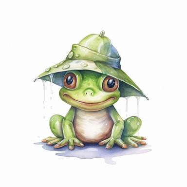 a captivating watercolor clipart image with a white background and white margins, featuring a cute sweet kawaii extremely happy smiling baby frog in a hat and a tie. The ultra-detailed, hand-drawn elements capture the details. Use vibrant shades of various colors to create a visually appealing image