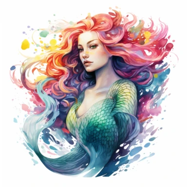 clipart white background: Paint a captivating watercolor illustration of a mermaid's with long fishtail and radiant rainbow hair