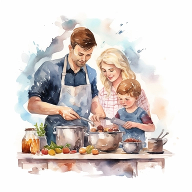 watercolor cozy clipart on a white background of a family cooking together