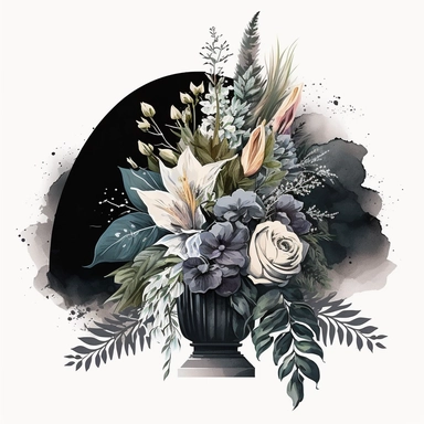 clipart watercolor detailed and realistic. on white background. beautiful flower tribute, Bouquet. dark theme, greyscale - loss funeral Themed tribute bouquet