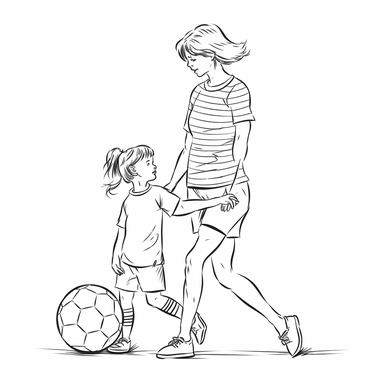 coloring page for kids of a mother and a child playing football, full body view, white neutral background, clean line art, low details , 1,5px thick black lines, simple clipart. simple