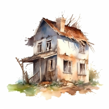watercolour small broken and abandoned house, clipart on white background, no watermark, highly detailed, professional color gradation, clean sharpness