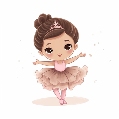 clipart toddler ballet dancer, pink tutu, brown hair in a bun, arabesque pose