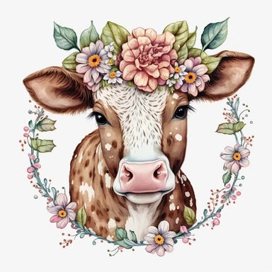 Cute Floral Cow wreath, hand draw Illustration clipart, by Betsey Johnson, 4K, extremely detailed, detail to every pixel