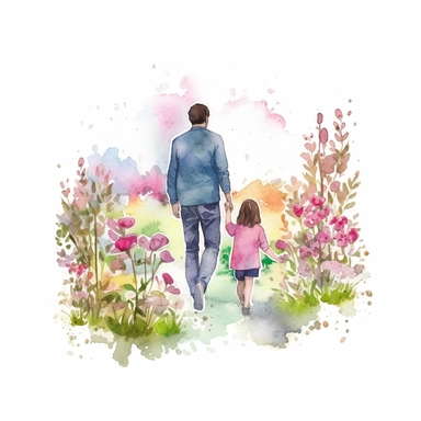 Detailed father's day clipart featuring a smiling father and daughter, holding hands while walking in a garden full of vibrant flowers and blooming trees, capturing the love and warmth between them, Watercolor painting, using soft pastel colors and light brush strokes to create a dreamy effect water color father, super cute, solid white background, clipart, fatherhood