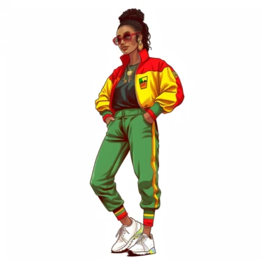 sartoon illustration of a cute black woman, standing in front of a drawing of the united states in yellow red and green, wearing nike air jordan shoes, wearing a green, yellow and red fly 90s outfit, large hoop earrings, sunglasses, clipart, white background