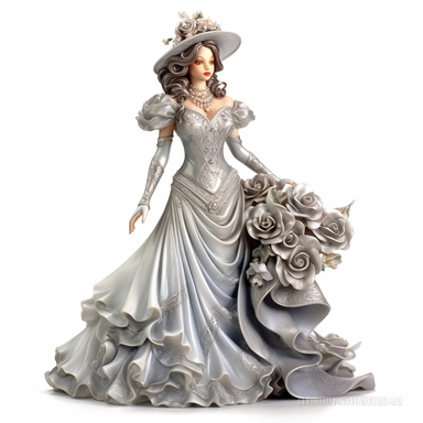 A Victorian lady in a captivating silver-gray gown embellished with shimmering silver roses, her hat adorned with a cluster of matching roses. Her mesmerizing gaze and poised demeanor captivate the viewer, showcasing the beauty and allure of Victorian style. Against a white background, the rich textures and intricate details of her attire, combined with the delicate rose embellishments, are depicted with exquisite precision and lifelike realism. Clipart, watercolor, white background, intricate d