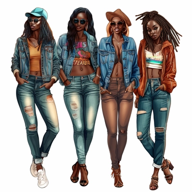 Full body, four full-figure African-American women with brown skin, streetwear, clipart style, white background, highly detailed, bright colors, very attractive, glamorous, make up beautiful, gorgeous, glowing, happy, smiling
