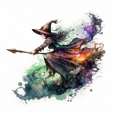 watercolor drawing of witch on a magic broom, many witchcraft elements, fantasy, fairytale, storybook, clipart, very detailed, very rich bright colors, dark mood, white background, 4k quality