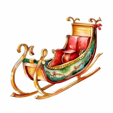 watercolor clipart of Christmas sleigh, vintage red green gold colors, isolated on white background