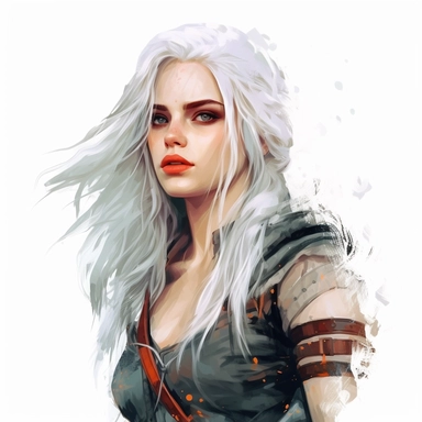 beautiful stunning pretty young woman as The witcher character, paint art style, clipart, white background, superrealistic, one of a kind