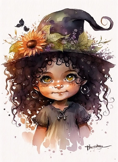 Cute little happy baby girl halloween witch with a flower hat on the head and with curly long hair and big eyes, watercolor by Thomas w. schaller, clipart, solid background, hd
